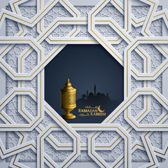 Ramadan Kareem islamic greeting background with gold arabic traditonal lantern and geometric morocco pattern