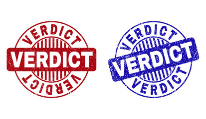 Grunge VERDICT round stamp seals isolated on a white background. Round seals with grunge texture in red and blue colors. Vector rubber imprint of VERDICT tag inside circle form with stripes.