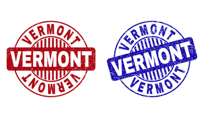 Grunge VERMONT round stamp seals isolated on a white background. Round seals with grunge texture in red and blue colors. Vector rubber overlay of VERMONT caption inside circle form with stripes.