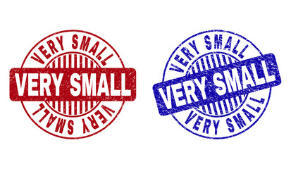 Grunge VERY SMALL round stamp seals isolated on a white background. Round seals with grunge texture in red and blue colors. Vector rubber imitation of VERY SMALL text inside circle form with stripes.