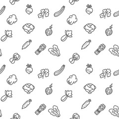 Vegetable icons seamless pattern grey vector on white background. Collection Of zucchini, asparagus, Pak Choi, parsley, Chinese cabbage And Other Elements. 
