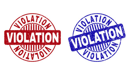 Grunge VIOLATION round stamp seals isolated on a white background. Round seals with grunge texture in red and blue colors. Vector rubber overlay of VIOLATION tag inside circle form with stripes.