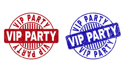 Grunge VIP PARTY round stamp seals isolated on a white background. Round seals with distress texture in red and blue colors. Vector rubber overlay of VIP PARTY label inside circle form with stripes.