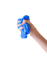 Bright blue slime in baby's hand isolated on white background.