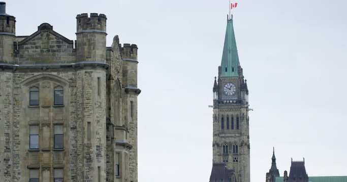 Parliament of Canada Peace Tower slowly zoom parallax effect on flag half mast - March 15th 2019 Ottawa Ontario Canada