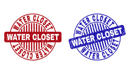Grunge WATER CLOSET round stamp seals isolated on a white background. Round seals with grunge texture in red and blue colors.