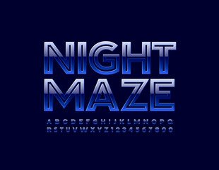 Vector glossy sign Night Maze. Blue reflective Font. Modern Uppercase Alphabet Letters and Numbers