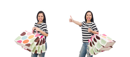 Woman with shopping bags isolated on white