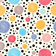Decorative abstract polka dots in the style of the 60s.  Cheerful polka dot vector seamless pattern. Can be used in textile industry, paper, background, scrapbooking.