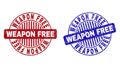 Grunge WEAPON FREE round stamp seals isolated on a white background. Round seals with distress texture in red and blue colors.