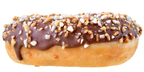 Chocolate glazed donut with nut flakes isolated