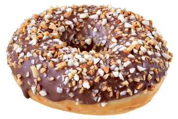 Chocolate glazed donut with nut flakes isolated