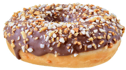 Chocolate glazed donut with nut flakes isolated