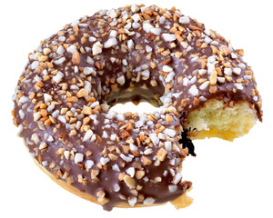Bitten chocolate glazed donut with nuts flakes isolated