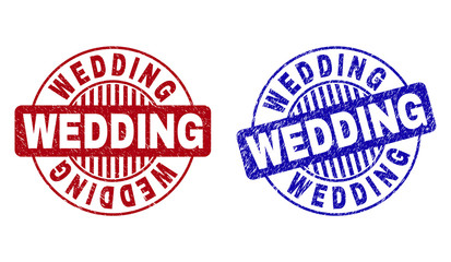 Grunge WEDDING round stamp seals isolated on a white background. Round seals with grunge texture in red and blue colors. Vector rubber watermark of WEDDING text inside circle form with stripes.