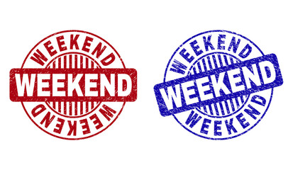 Grunge WEEKEND round stamp seals isolated on a white background. Round seals with grunge texture in red and blue colors. Vector rubber watermark of WEEKEND label inside circle form with stripes.