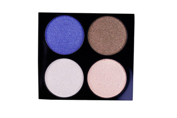 Set of four round eye shadow in a plastic black box isolated on white background