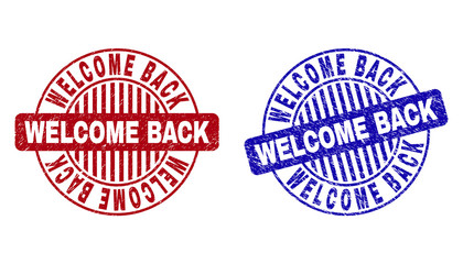 Grunge WELCOME BACK round stamp seals isolated on a white background. Round seals with grunge texture in red and blue colors.