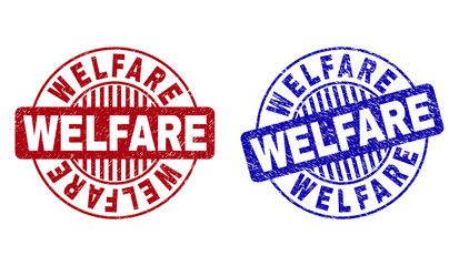 Grunge WELFARE round stamp seals isolated on a white background. Round seals with grunge texture in red and blue colors. Vector rubber imprint of WELFARE title inside circle form with stripes.
