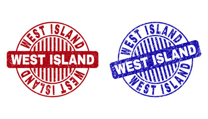 Grunge WEST ISLAND round stamp seals isolated on a white background. Round seals with grunge texture in red and blue colors. Vector rubber imprint of WEST ISLAND label inside circle form with stripes.