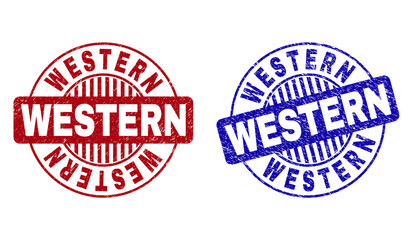 Grunge WESTERN round stamp seals isolated on a white background. Round seals with grunge texture in red and blue colors. Vector rubber imprint of WESTERN label inside circle form with stripes.