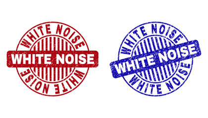 Grunge WHITE NOISE round stamp seals isolated on a white background. Round seals with distress texture in red and blue colors.