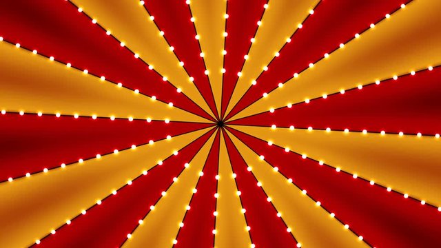 Circus animated rotation looped background of red and gold lines stripe with star constellations light bulbs tinsel. Retro motion graphic sun beam ray. Vintage fun fair burst. Carnival abstract circle