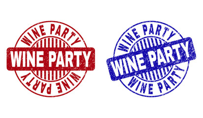 Grunge WINE PARTY round stamp seals isolated on a white background. Round seals with grunge texture in red and blue colors. Vector rubber imitation of WINE PARTY label inside circle form with stripes.
