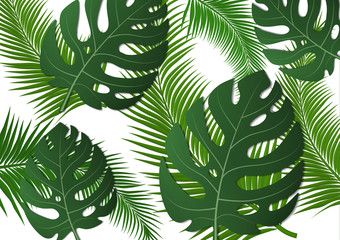 Tropical bright flyer, leaflet with monster leaves and palm trees. Exotic tropical trendy print. Invitation to a party in an exotic style. Vector illustration.