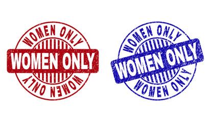 Grunge WOMEN ONLY round stamp seals isolated on a white background. Round seals with grunge texture in red and blue colors. Vector rubber watermark of WOMEN ONLY tag inside circle form with stripes.