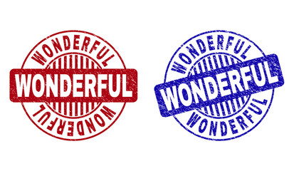 Grunge WONDERFUL round stamp seals isolated on a white background. Round seals with grunge texture in red and blue colors. Vector rubber watermark of WONDERFUL caption inside circle form with stripes.