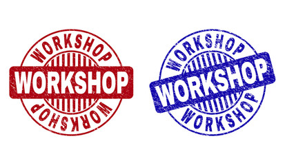 Grunge WORKSHOP round stamp seals isolated on a white background. Round seals with grunge texture in red and blue colors. Vector rubber imitation of WORKSHOP tag inside circle form with stripes.