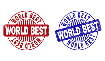 Grunge WORLD BEST round stamp seals isolated on a white background. Round seals with grunge texture in red and blue colors. Vector rubber imitation of WORLD BEST label inside circle form with stripes.