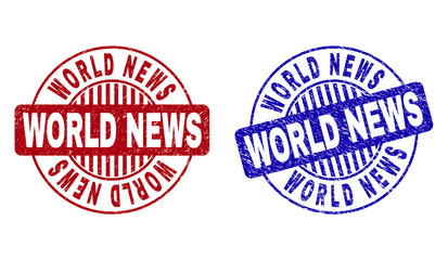 Grunge WORLD NEWS round stamp seals isolated on a white background. Round seals with grunge texture in red and blue colors. Vector rubber watermark of WORLD NEWS title inside circle form with stripes.