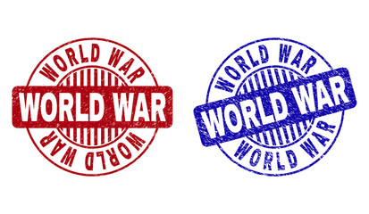 Grunge WORLD WAR round stamp seals isolated on a white background. Round seals with grunge texture in red and blue colors. Vector rubber watermark of WORLD WAR label inside circle form with stripes.