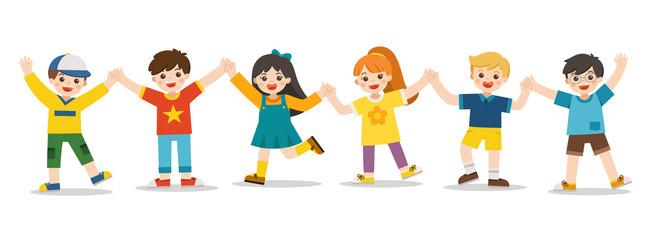 Children's activities. Happy kids jumping together on the background. Boys and girls are playing together happily. Vector illustration.