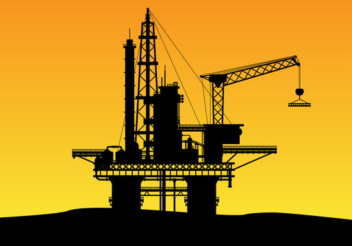 Silhouette illustration of the construction of offshore oil drilling and mining of fuel for energy
