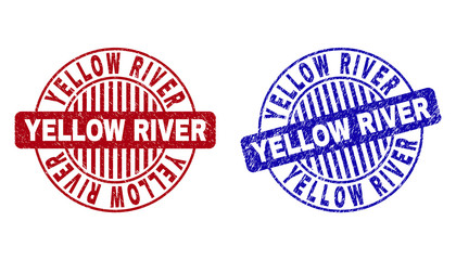 Grunge YELLOW RIVER round stamp seals isolated on a white background. Round seals with grunge texture in red and blue colors.