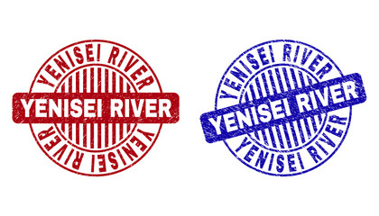 Grunge YENISEI RIVER round stamp seals isolated on a white background. Round seals with grunge texture in red and blue colors.
