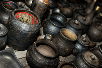  Burnt black ceramics. Burnt clay pots and plates, dishes - Image