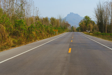 Fototapeta na wymiar country road leading towards mountain in Thailand