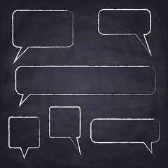 Set of hand drawn speech bubbles. Chalk drawn square and rectangle chat box with rounded corners. Chalkboard background. Vector Illustration.