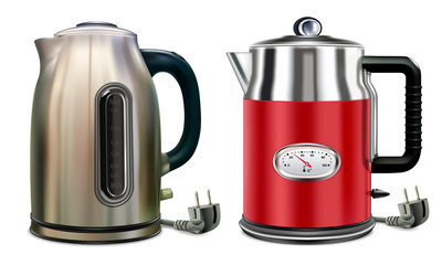 Electric kettles set of two appliances for home use in the kitchen. For boiling water for tea or coffee. Isolated on white background vector illustration