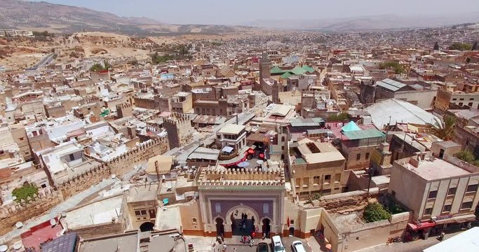 FEZ, MOROCCO. Panoramic aerial 4K view of the Old Medina. Historic area in sunny day.