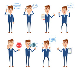 Fototapeta na wymiar Set of businessman characters showing different actions, emotions. Cheerful businessman talking on phone, thinking, celebrating, holding document, stop sign, loudspeaker. Flat vector illustration