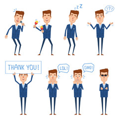 Set of a businessman characters in different situations . Funny businessman singing, dancing and showing other actions. Flat design vector illustration