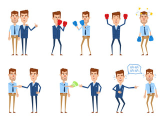 Set of businessman characters in different situations. Conflict, rivalry, cooperation, business team concept. Giving money, handshaking, laughing together. Simple vector illustration