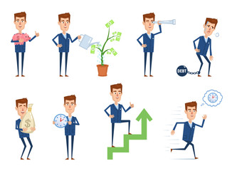 Set of businessman characters posing in different situations. Cheerful businessman posing with piggy bank, big money bag, spyglass, money tree. Successful businessman concept. Vector illustration