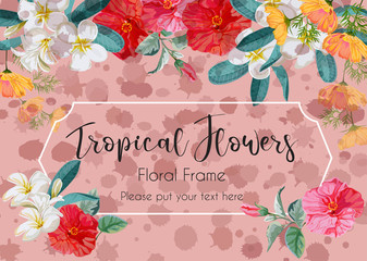 floral frame  with hibiscus ,plumeria and starburst flower vector illustration
