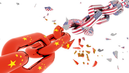 Obraz premium china usa america crisis and flag chain break suttered in peaces - 3d rendering